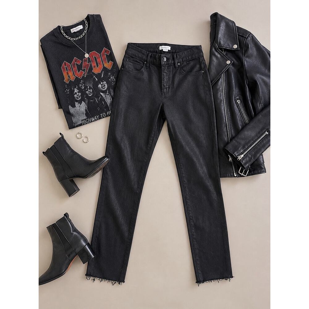 GOOD AMERICAN Black Coated Denim Raw Hem Ankle Jeans Size 8/29 Concert Edgy